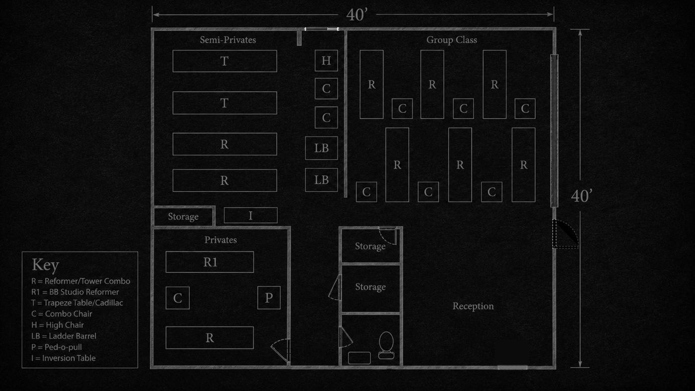 Floor plan of the Pilates On Fifth studio showing the three rooms
