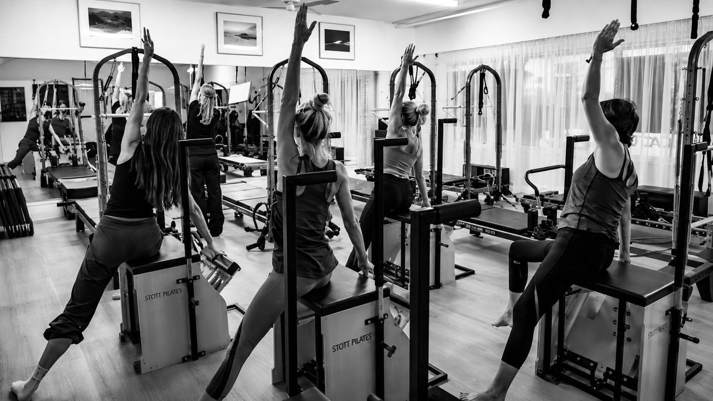 Wide view of the equipped Pilates On Fifth studio